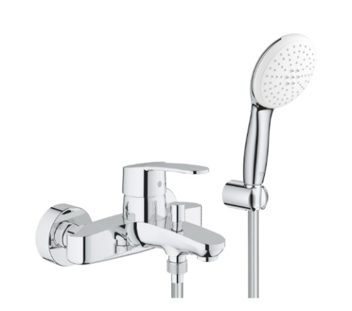 Bateria wannowa Eurostyle Cosmopolitan, jednouchwytowa, montaż ścienny, z zestawem prysznicowym, głowica ceramiczna 46 mm, kolor chrom 25275002 GROHE