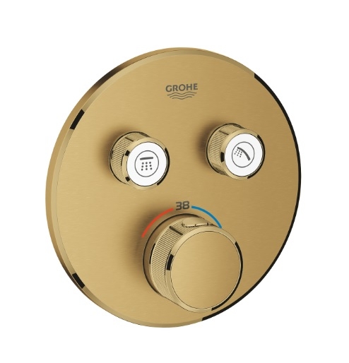 Bateria podtynkowa, ścienna Grohtherm, przełącznik SmartControl, 2 wyjścia wody, rozeta, blokada bezpieczeństwa, kolor brushed cool sunrise 29119GN0 GROHE