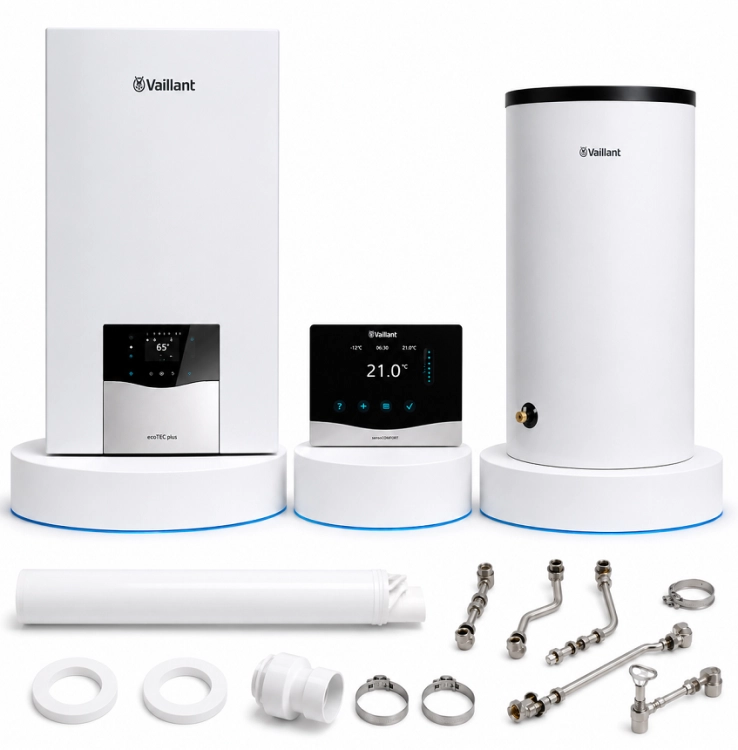 VAILLANT PAKIET 0010043631 kocioł gazowy kondensacyjny jednofunkcyjny ECOTEC PLUS VC 20CS/1-5 (0010024647) + zasobnik c.w.u. stojący VIH R 120/6 B uniSTOR (0010015943) + zestaw połączeniowy + regulator systemowy sensoCOMFORT 720. SPS przez ścianę