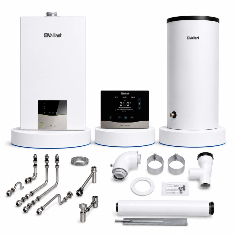 Vaillant pakiet 0010038083 kocioł gazowy jednofunkcyjny ecoTEC exclusive VC 25CS/1-7 + zasobnik c.w.u. VIH R 150/6M + regulator sensoCOMFORT VRC 720 + zestaw do szachtu